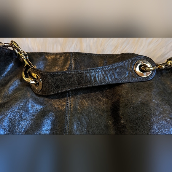 EUC Rebecca Minkoff dark green shiny soft leather interior blue/blk polka dot - Picture 13 of 14